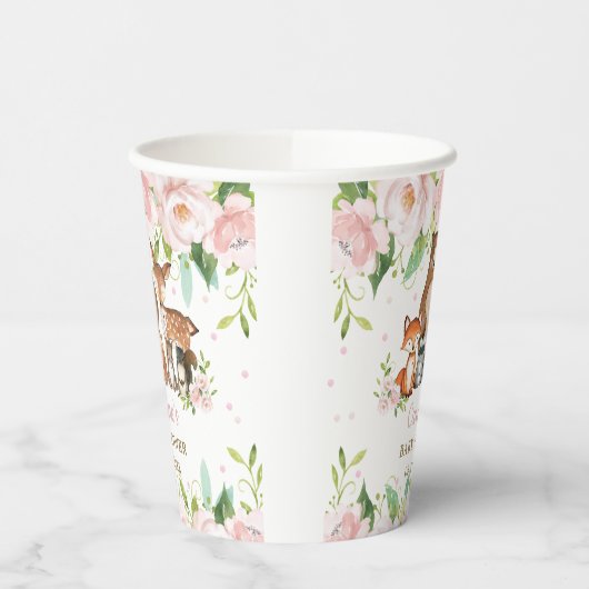 Blush Pink Floral Woodland Animals Baby shower Papieren Bekers (Links)
