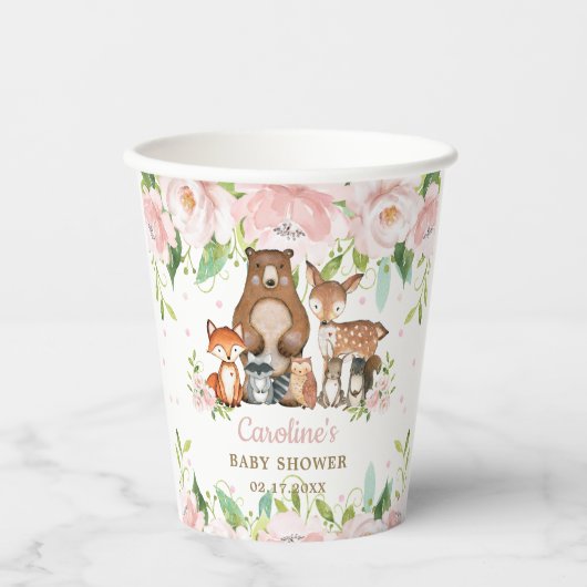 Blush Pink Floral Woodland Animals Baby shower Papieren Bekers (Voorkant)