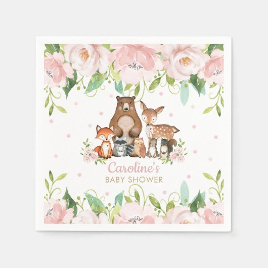 Blush Pink Floral Woodland Animals Baby shower Servet (Voorkant)