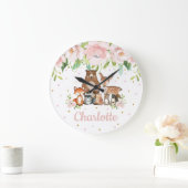 Blush Pink Floral Woodland Animals Girl Nursery Grote Klok (Huis)