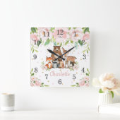 Blush Pink Floral Woodland Animals Girl Nursery Vierkante Klok (Huis)