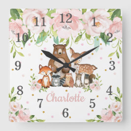 Blush Pink Floral Woodland Animals Girl Nursery Vierkante Klok
