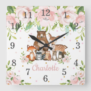 Blush Pink Floral Woodland Animals Girl Nursery  Vierkante Klok