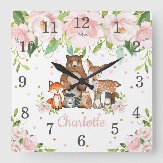 Blush Pink Floral Woodland Animals Girl Nursery Vierkante Klok (Voorkant)