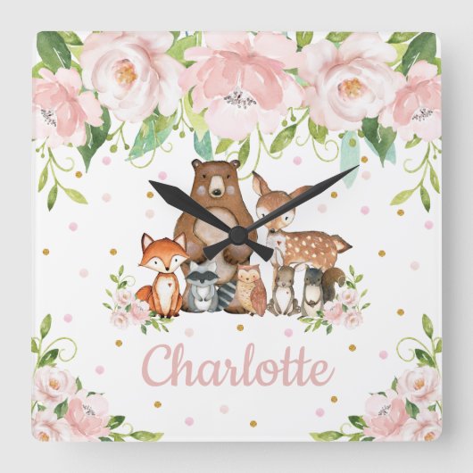 Blush Pink Floral Woodland Animals Girl Nursery Vierkante Klok (Voorkant)