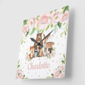 Blush Pink Floral Woodland Animals Girl Nursery Vierkante Klok (Hoek)