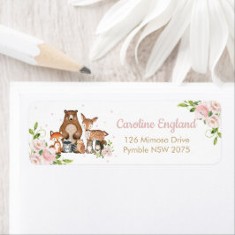 Blush Pink Floral Woodland Animals Return Address Etiket