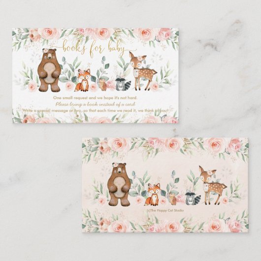 Blush Pink Floral Woodland Boeken voor Baby shower Informatiekaartje (Voorkant / Achterkant)