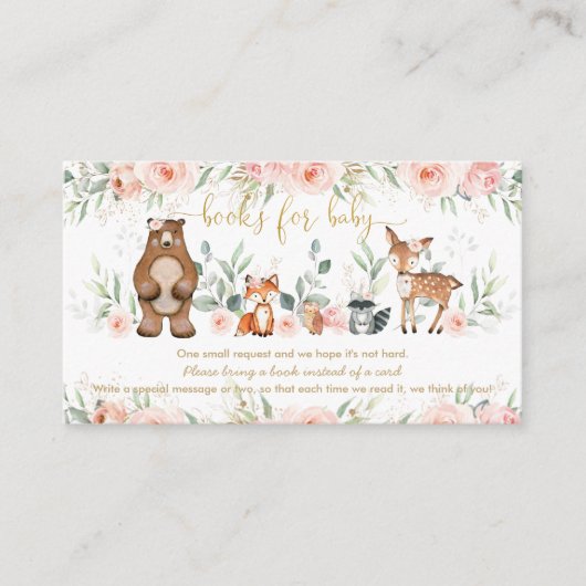 Blush Pink Floral Woodland Boeken voor Baby shower Informatiekaartje (Voorkant)