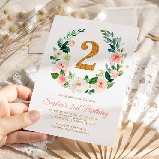 Blush Pink Floral Wreate 2e verjaardag Uitnodiging