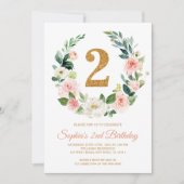 Blush Pink Floral Wreate 2e verjaardag Uitnodiging (Voorkant)