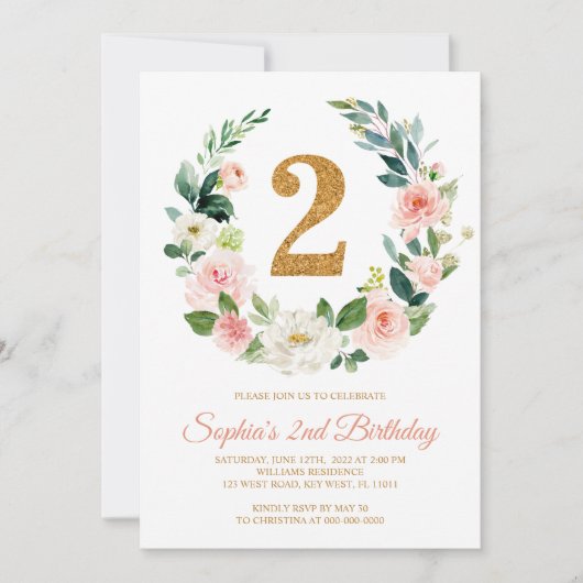 Blush Pink Floral Wreate 2e verjaardag Uitnodiging (Voorkant)
