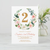 Blush Pink Floral Wreate 2e verjaardag Uitnodiging (Staand voorkant)