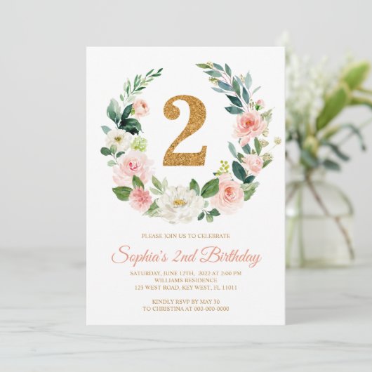 Blush Pink Floral Wreate 2e verjaardag Uitnodiging (Staand voorkant)