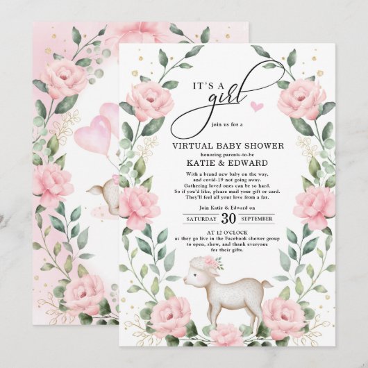 Blush Pink Floral WreatLamb Virtual Baby shower Kaart (Voorkant / Achterkant)