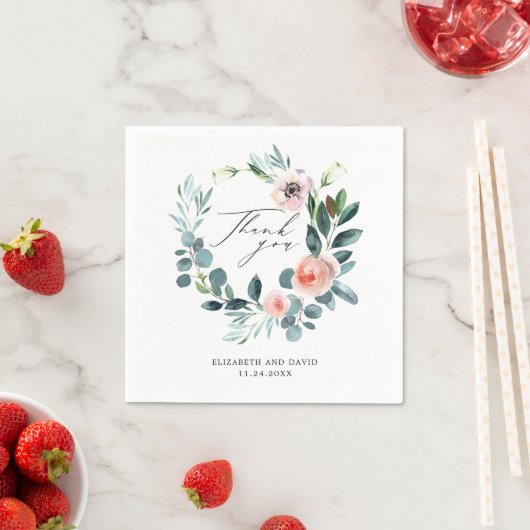 Blush Pink Floral Wreatscript Dank je huwelijk Servet (Insitu)