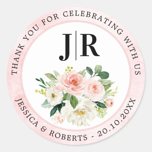 Blush Pink Florals Botanische bruiloft Dank u Ronde Sticker (Voorkant)