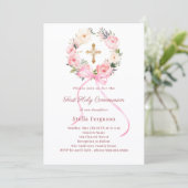 Blush pink florals bow cross First Communion Kaart (Staand voorkant)