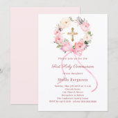 Blush pink florals bow cross First Communion Kaart (Voorkant / Achterkant)