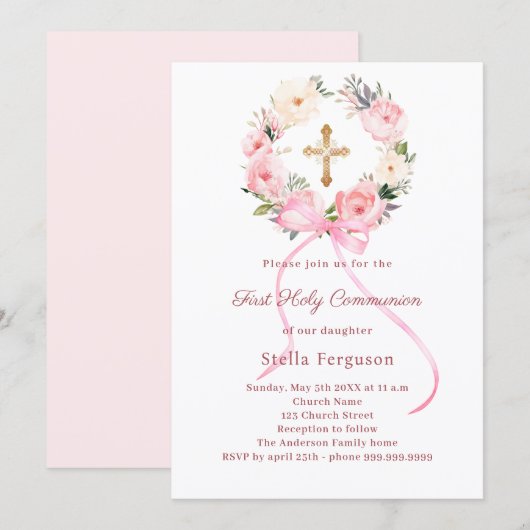 Blush pink florals bow cross First Communion Kaart (Voorkant / Achterkant)