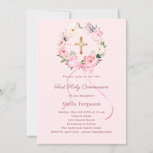 Blush pink florals bow cross First Communion Kaart (Voorkant)
