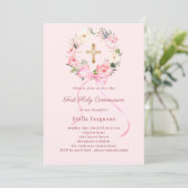 Blush pink florals bow cross First Communion Kaart (Staand voorkant)