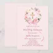 Blush pink florals bow cross First Communion Kaart (Voorkant / Achterkant)