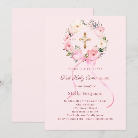Blush pink florals bow cross First Communion Kaart (Voorkant / Achterkant)