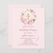 Blush pink florals bow First Communion invitation (Voorkant / Achterkant)