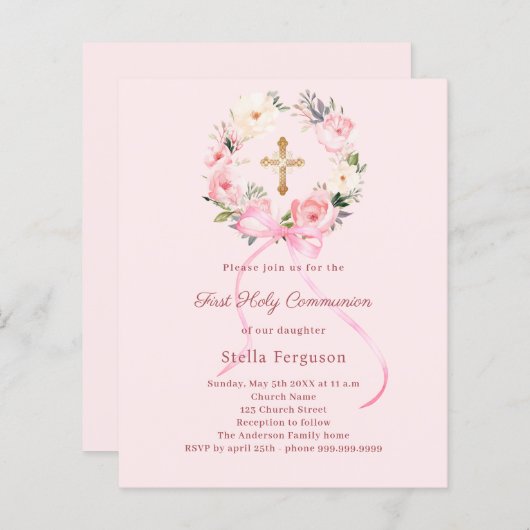 Blush pink florals bow First Communion invitation (Voorkant / Achterkant)