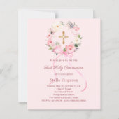 Blush pink florals bow First Communion invitation (Voorkant)