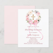 Blush pink florals bow First Communion invitation (Voorkant / Achterkant)