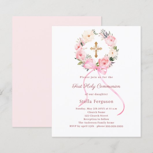 Blush pink florals bow First Communion invitation (Voorkant / Achterkant)