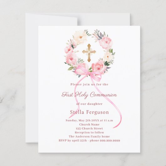 Blush pink florals bow First Communion invitation (Voorkant)