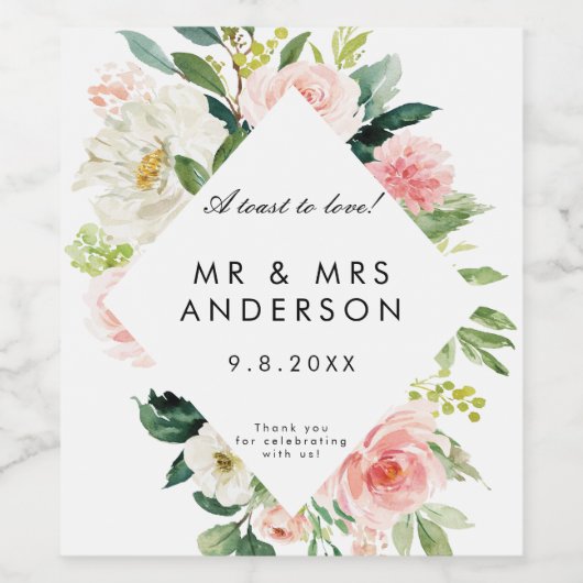 Blush Pink Florals Bruiloft Feestfles Wijn Etiket (Enkel label)
