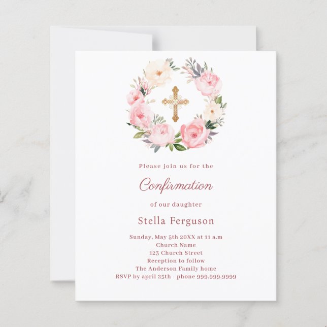 Blush pink florals cross Confirmation invitation (Voorkant)