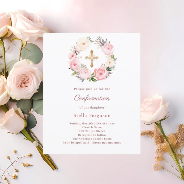 Blush pink florals cross Confirmation invitation (Creator heeft geüpload)