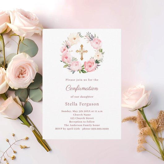 Blush pink florals cross Confirmation Kaart