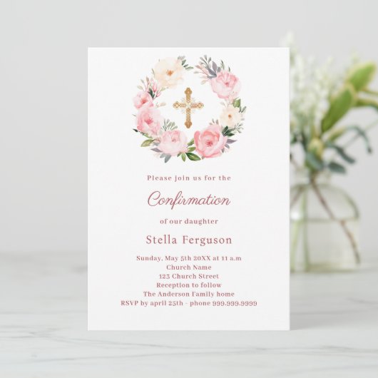 Blush pink florals cross Confirmation Kaart (Staand voorkant)