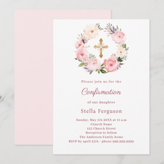 Blush pink florals cross Confirmation Kaart (Voorkant / Achterkant)