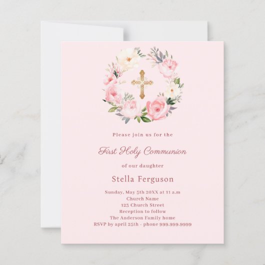 Blush pink florals cross First Communion (Voorkant)