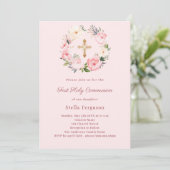 Blush pink florals cross First Communion Kaart (Staand voorkant)