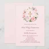 Blush pink florals cross First Communion Kaart (Voorkant / Achterkant)
