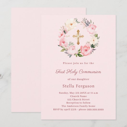 Blush pink florals cross First Communion Kaart (Voorkant / Achterkant)