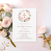 Blush pink florals cross First Communion Kaart