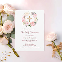 Blush pink florals cross First Communion Kaart