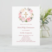 Blush pink florals cross First Communion Kaart (Staand voorkant)