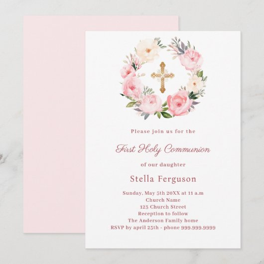 Blush pink florals cross First Communion Kaart (Voorkant / Achterkant)