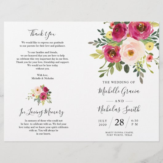 Blush Pink Florals, Foldable Wedding Program Kaart (Voorkant)