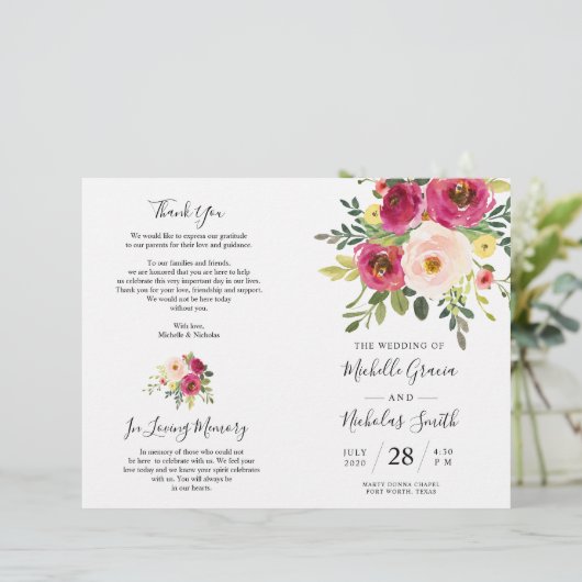 Blush Pink Florals, Foldable Wedding Program Kaart (Staand voorkant)